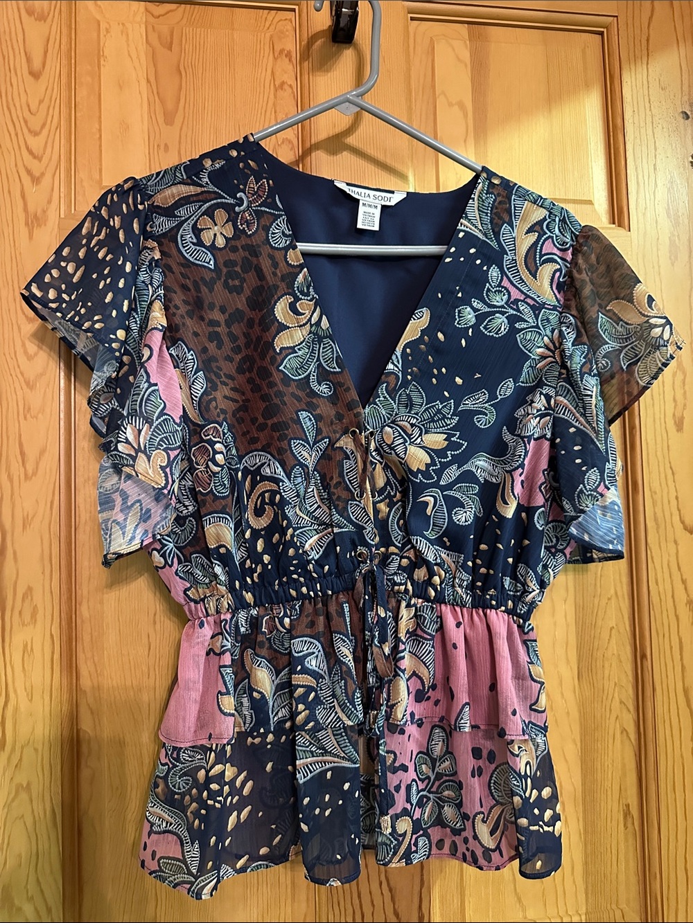 Thalia Sodi Floral Print Navy and Pink Peplum Blouse